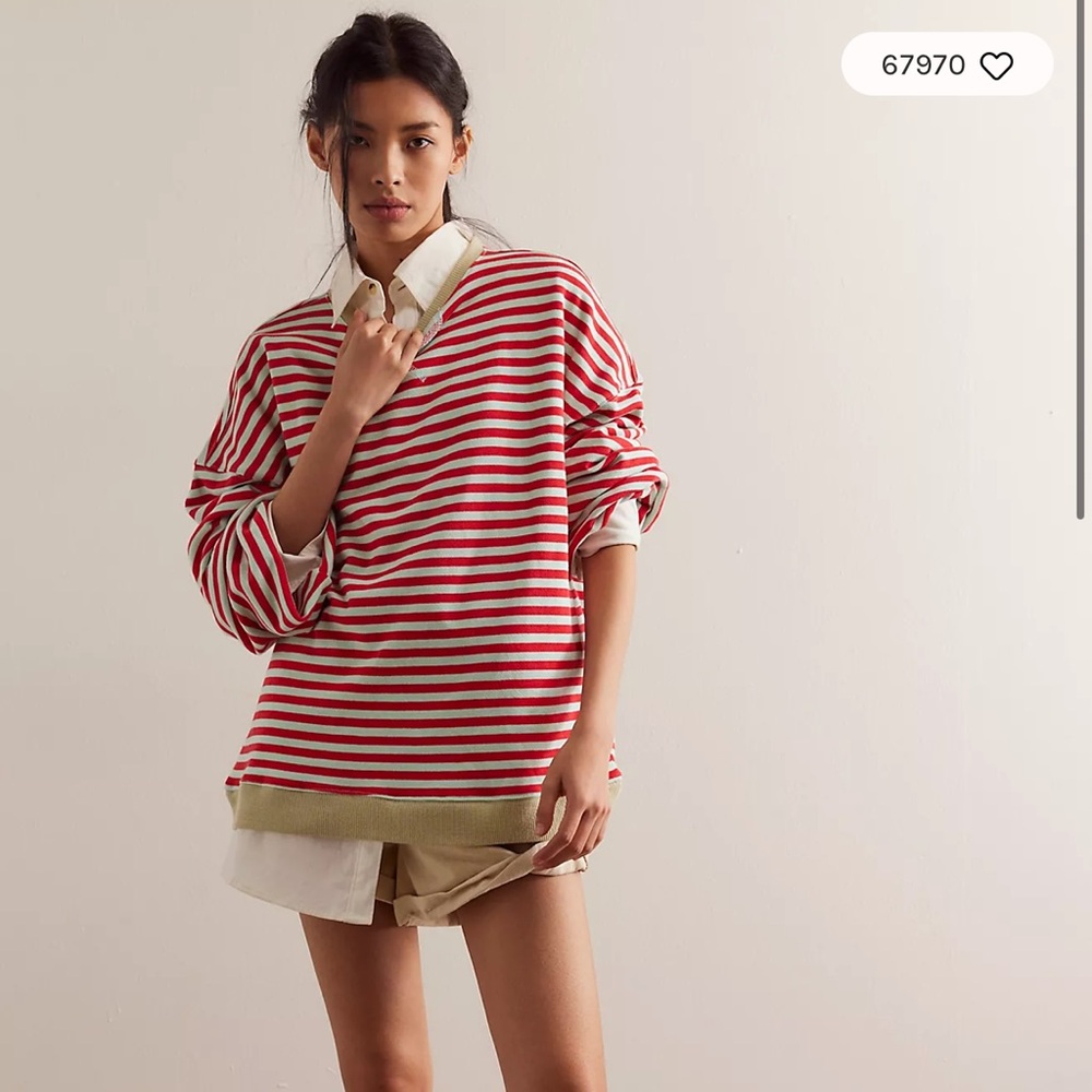 We The Free Classic Stripe Oversized Crewneck Sweatshirt in Cherry Combo